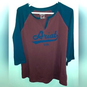 Woman’s Ariat shirt NWOT Baseball style T-shirt Maroon & Navy Blue Size XL